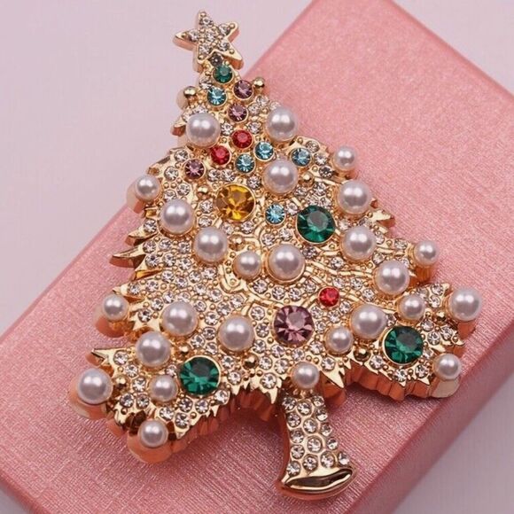 Luxury Pearl Crystal Christmas Tree Gold Brooch  Womens Multicolor Pin New - Picture 4 of 4